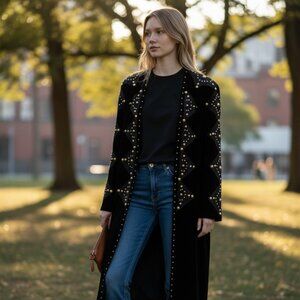 Vintage Black Suede Full-length Jacket with Gold Studding